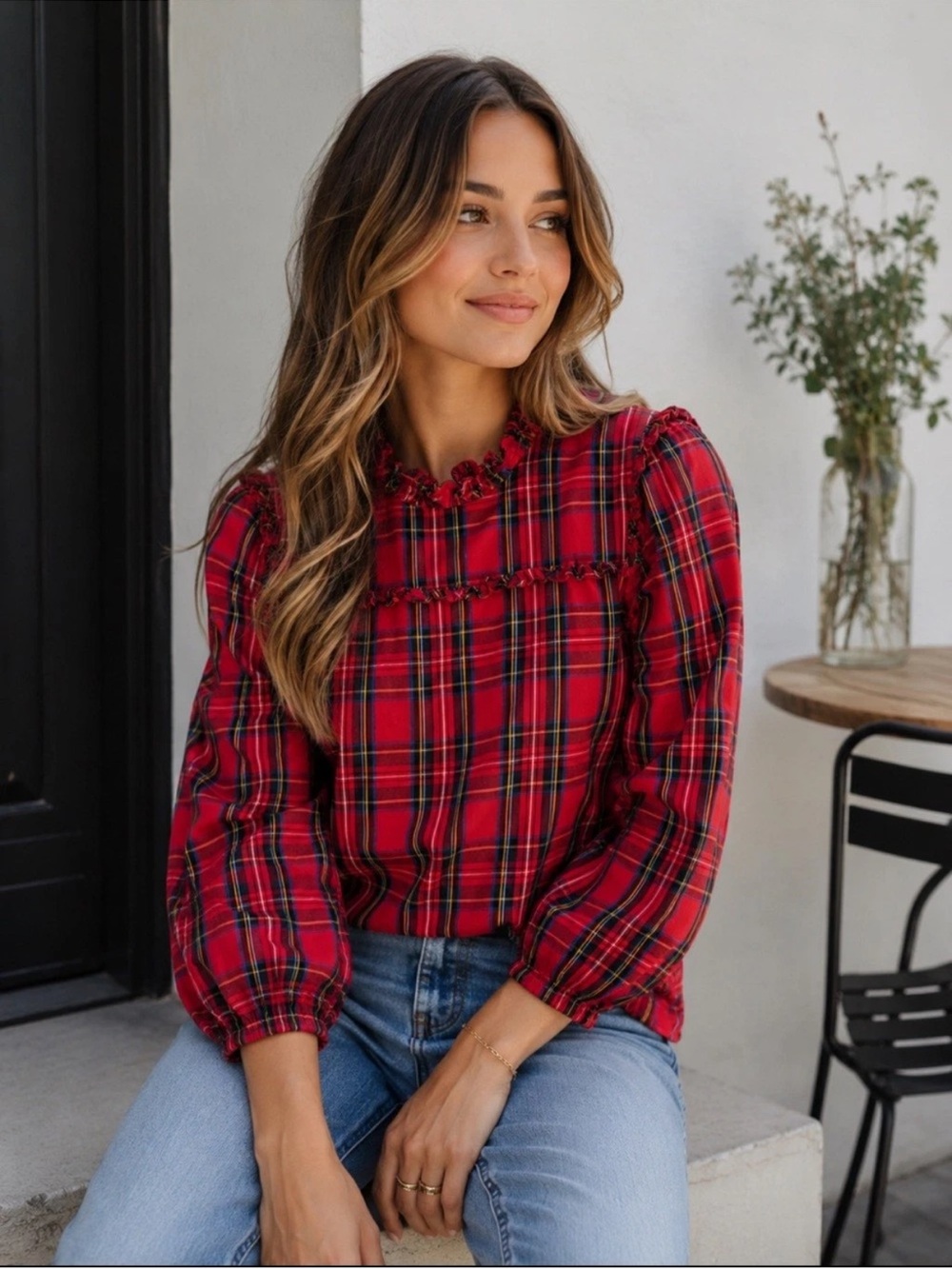 NWT Small J.Crew Red Tartan Plaid
Ruffle Neck Long Sleeve Blouse Small
Holiday